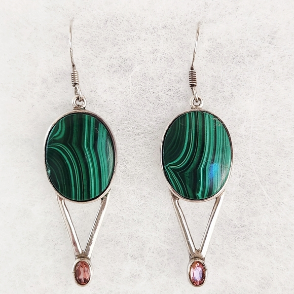 Jewelry - Vintage Sterling Silver Malachite & Amethyst Earrings